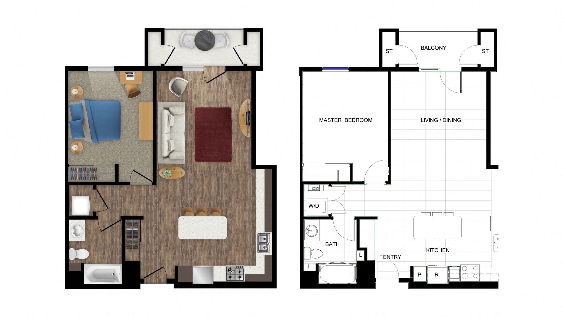 Floor plan for 1 bed, 1 bath, 745 sqft